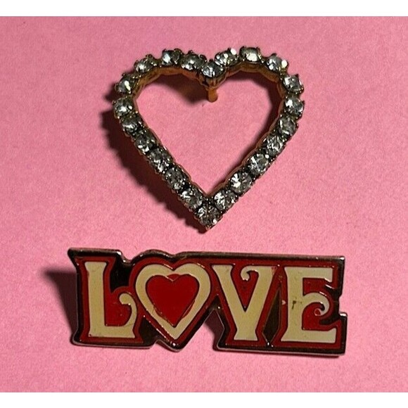 2 Valentine Pins - Rhinestone Heart and LOVE *EUC - Picture 1 of 2